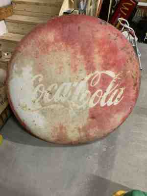 Vintage LARGE 47â? Coca-Cola Coke Button Metal Sign Original Patina GAS OIL SODA
