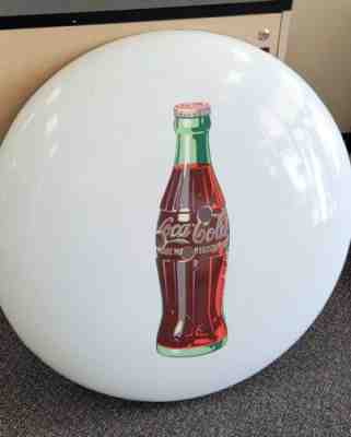 1950â??s LARGE 36â? Diameter Coca-Cola Metal and Porcelain Sign, White with Bottle