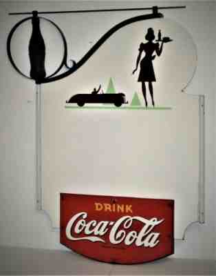 Large Coca Cola Double Sided Porcelain Car Hop Sign w/Privilege Panels & Bracket