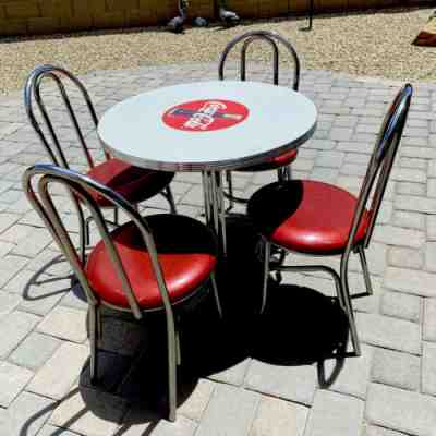 Coca-Cola Diner Style Table and 4 Red Metallic Upholstered Chairs, Chrome