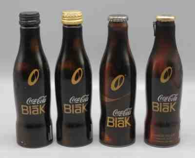 4 different Coca-Cola BLAK aluminium bottles 250ml, gold, black screwcap, etc...
