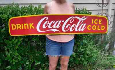 VINTAGE PORCELAIN COCA COLA DELIVERY TRUCK SIGN W BRACKET 4 FT LONG !