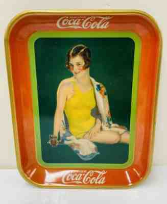 Authentic Vintage 1929 Coca Cola Coke Metal Serving Tray Yellow Swimsuit Art
