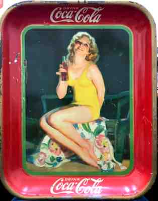 Original 1932 Vintage Coca-Cola Girl in Bathing Suit Tray, Red Tray, Yellow Suit