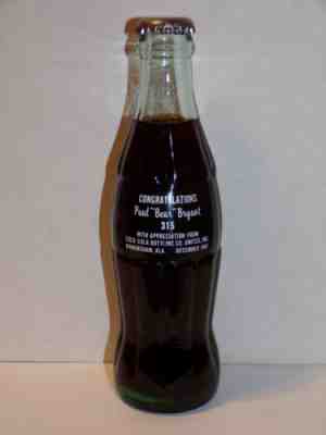 6.5 OZ COCA COLA COMMEMORATIVE BOTTLE - 1981 CONGRATULATIONS PAUL "BEAR" BRYANT