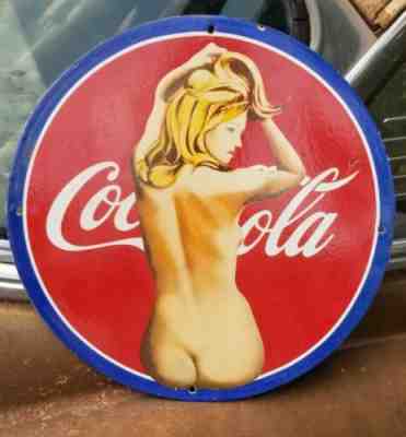 COCA COLA COKE PORCELAIN SIGN SODA POP FOUNTAIN DRINK BLONDE PIN BUTT NAKED NUDE