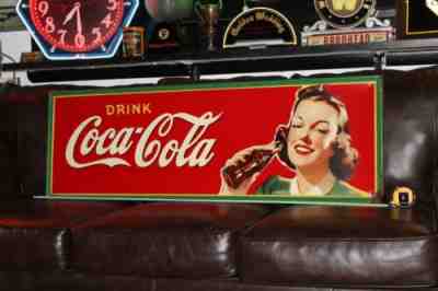 SCARCE 1941 DRINK COCA COLA LADY BOTTLE EMBOSSED METAL SIGN SODA POP FOUNTAIN 66