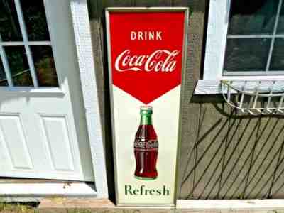 VTG ORIGINAL 1953 COCA COLA PAINTED METAL 54" VERTICAL LITHO BOTTLE SIGN. NICE!
