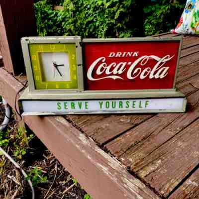 VTG DRINK COCA COLA CLOCK Counter Top Lighted SIGN Rare Serve Yourself 1940s-50s