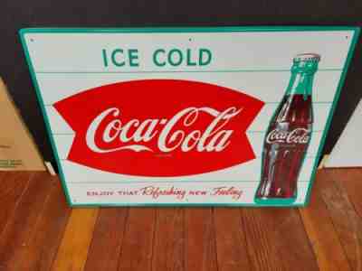 Vintage 1962 Coca Cola Fishtail Tin Advertising Sign Coke Collectable