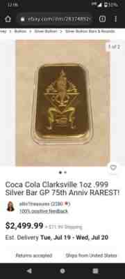 Coca-Cola Clarksville 75th Anniversary 24 kt gold plated 1oz. .999 silver bar