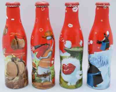 *X HTF! 2008 Happiness Factory Aluminum Coca Cola 4 Bottle Set Alu Coke Benelux