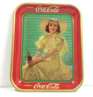 Vintage Original 1938 Coca Cola Serving Tray Girl Yellow Dress Hat