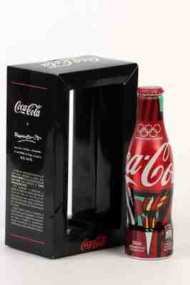 Coca Cola aluminium bottle in box; Brazil. Rio 2016 Torch Relay by Romero Britto