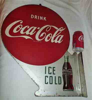ANTIQUE 1951 USA COCA COLA SODA BOTTLE METAL FLANGE ART ADVERTISING DOUBLE SIGN