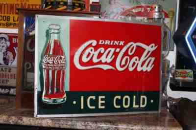 SCARCE 1937 DRINK ICE COLD COCA COLA EMBOSSED METAL SIGN FOUNTAIN COKE SODA POP