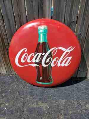 c.1950s Original Vintage Coca Cola Button Metal Sign 36' MINT! AM13 Coke Soda
