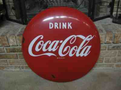 VINTAGE 1950'S DRINK COCA COLA 24 INCH COKE PORCELAIN BUTTON SIGN GOOD CONDITION