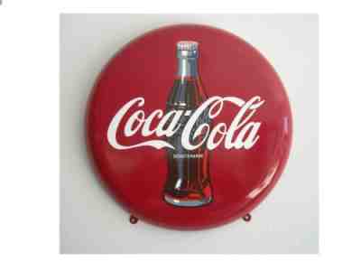 ORIGINAL 60's COCA COLA HEAVY PORCELAIN ENAMEL BUTTON SIGN 40 cm 16 INCHES