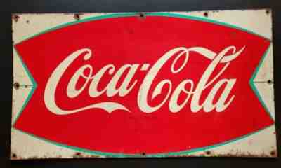 Vintage 60s Steel Coca Cola Arciform Fishtail Logo Sign 20 x 11 Reg US Pat Coke