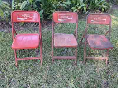 VINTAGE COCA COLA METAL CAFE CHAIRS / SET OF 3 STACKABLE RED / COKE VERY RARE!
