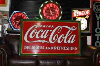 RARE 1930s DRINK COCA COLA EMBOSSED METAL PORCELAIN SIGN FOUNTAIN COKE SODA POP