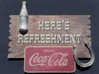 Vintage HERE'S REFRESHMENT DRINK Coca-Cola Wood & Metal Advertising Sign