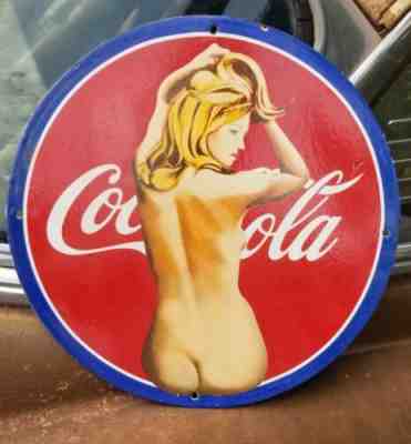 COCA COLA COKE PORCELAIN SIGN SODA POP FOUNTAIN DRINK BLONDE PIN BUTT NAKED NUDE
