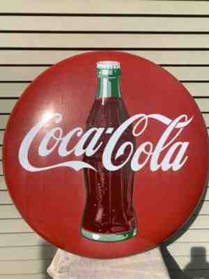 ORIG 1940s 36 INCH COCA COLA PORCELAIN BUTTON SIGN VGC READ