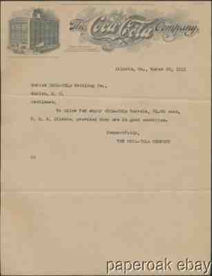 1911 Letter From Coca-Cola Company Atlanta to Marion, S.C. Coke Bottling Co.