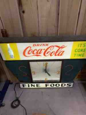 ULTRA RARE VINTAGE Large Coca-Cola Fine Foods Lighted Diner Clock Sign