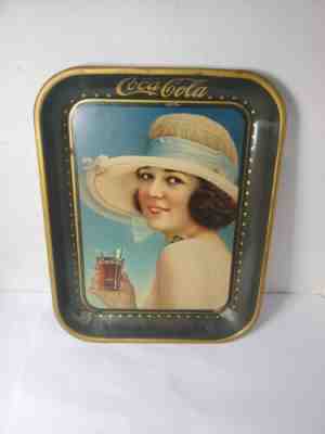 Vintage 1921 Coca Cola Serving Tray Nice Lady in Hat Bathing Suit Green Gold