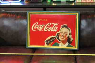 SCARCE 1940s COCA COLA WITH GIRL MASONITE WAR TIME SIGN FOUNTAIN COKE SODA POP