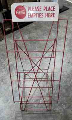 VINTAGE COCA COLA BOTTLE RETURN RACK - PLEASE PLACE EMPTIES HERE, INDIANA WIRE