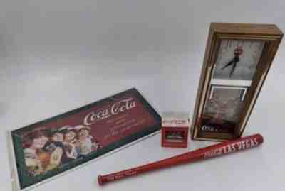 Vintage Coca Cola Collectibles Lot Metal Sign Clock Wooden Bat Bottle Opener 4pc