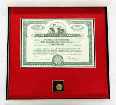 1992 Coca-Cola 100th Annivrsy Share Owners Meeting Stock Certificate & Pin NIB