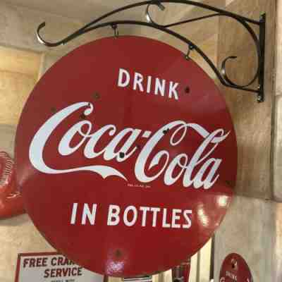 LG. ORIGINAL & W/BRACKET ''DRINK COCA-COLA'' DOUBLE SIDED PORCELAIN SIGN 30 INCH