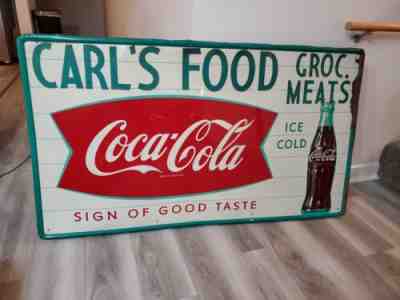 c.1950s Original Vintage Coca Cola Fishtail Metal Sign Food Grocery Meat GLOSSY!