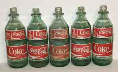 Lot Of 5 1970s Vintage Coca Cola 2 Liter Green Glass Coke Bottles - 67.6 Fl Oz.