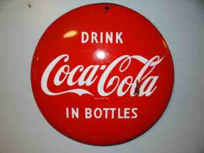 Original c1950s Vtg Coke Coca Cola Soda 24" Porcelain Button Sign In Bottles