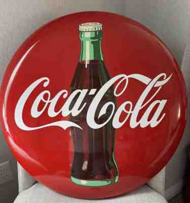 Original 1950s Coca Cola 24" Diameter Red Metal Button Sign COKE Bottle A-M 5-54