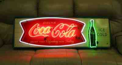 VTG 1950-60s Original Coca Cola Fishtail Metal Sign w/ NEON LIGHT Upgrade