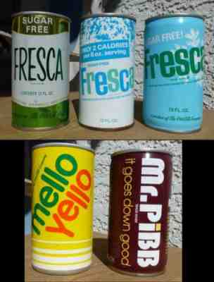 Fresca(3), Mello Yello (1), Mr. Pibb (1) vintage Coca-Cola collectible soda cans