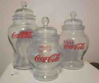 Set Lot 3 Vintage Coke Coca Cola Dimpled Clear Glass Candy Cookie Canister Jars