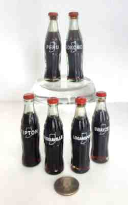 6 COCA COLA Glass COKE BOTTLES Swayzee KOKOMO Peru LOGANSPORT Russiaville TIPTON