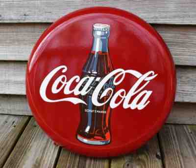 VINTAGE 1950's COCA COLA PORCELAIN BUTTON SIGN w/ BOTTLE, GERMAN, 16" NEAR MINT