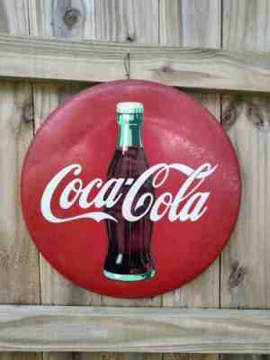 1992 Vintage Metal Coca Cola 20 Inch Button Sign in Good Condition