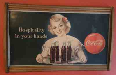 1949 Coca Cola Cardboard Hospitality In Your Hands Sign Original frame!