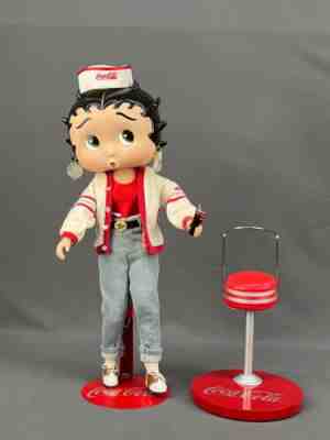 2001 Rare Coca-Cola Betty Boop 15" Porcelain Doll with Stand, Hat + Chair; Mint