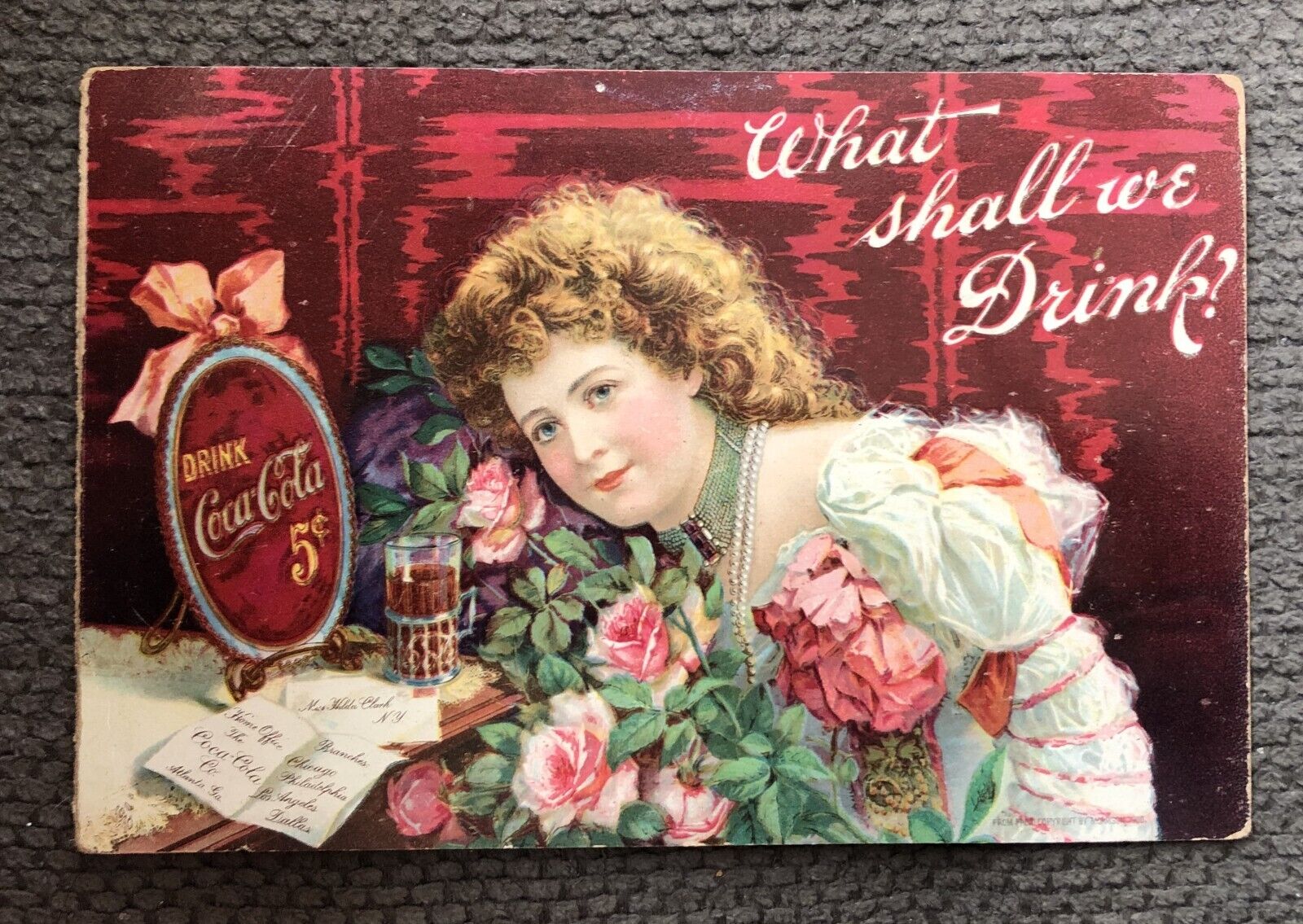 Antique 1901 Coca-Cola Soda Menu Advertising Postcard Post Card Hilda Clark RARE